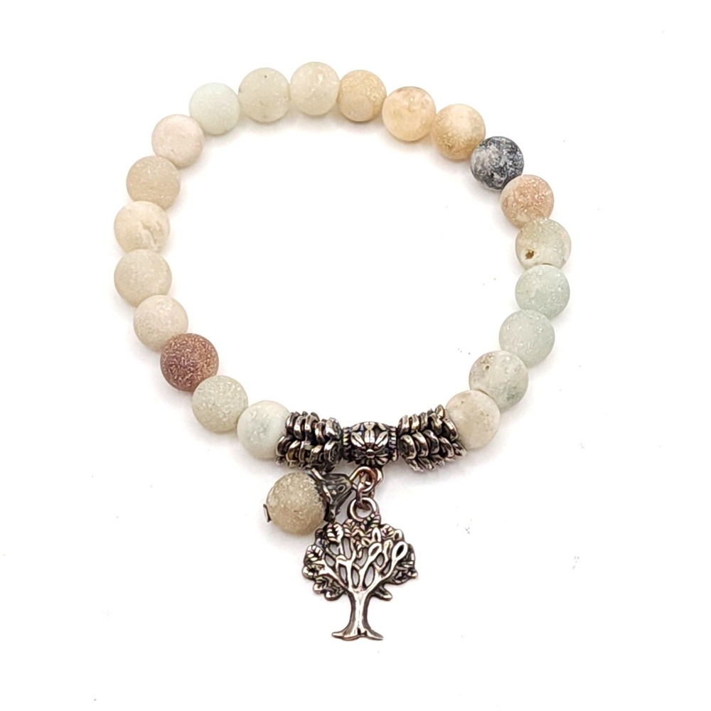 Tree of Life Beaded Stretch Charm Bracelet Matte Natural Stone Gemstone 7"